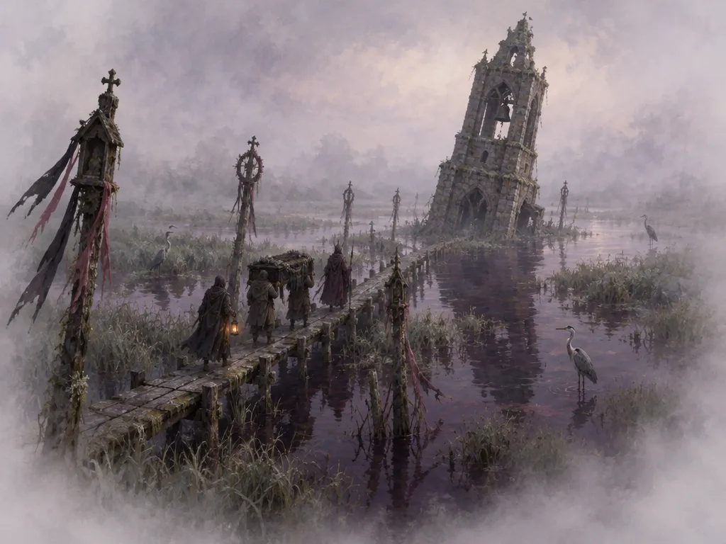 The Low Fens: rawa tergenang dengan titian papan sempit, tiang-tiang doa berpita, dan menara lonceng batu yang separuh tenggelam. Iring-iringan peti berjalan di atas titian.