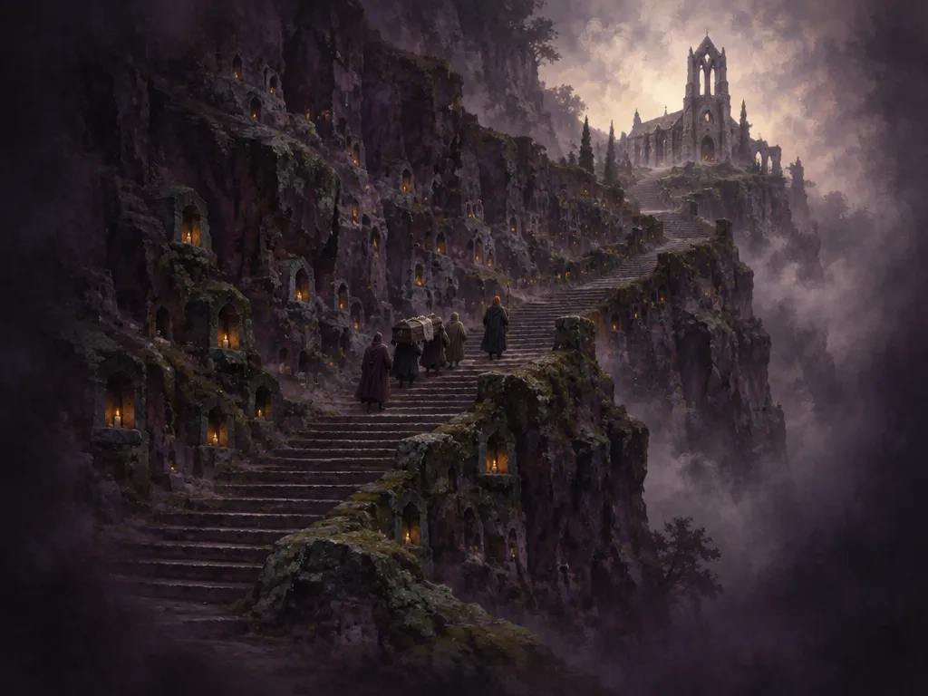 The Hollow Stair: tangga batu raksasa yang dipahat di tebing gelap menuju biara bermenara lonceng tanpa atap, dengan ceruk-ceruk lilin di sepanjang anak tangga.